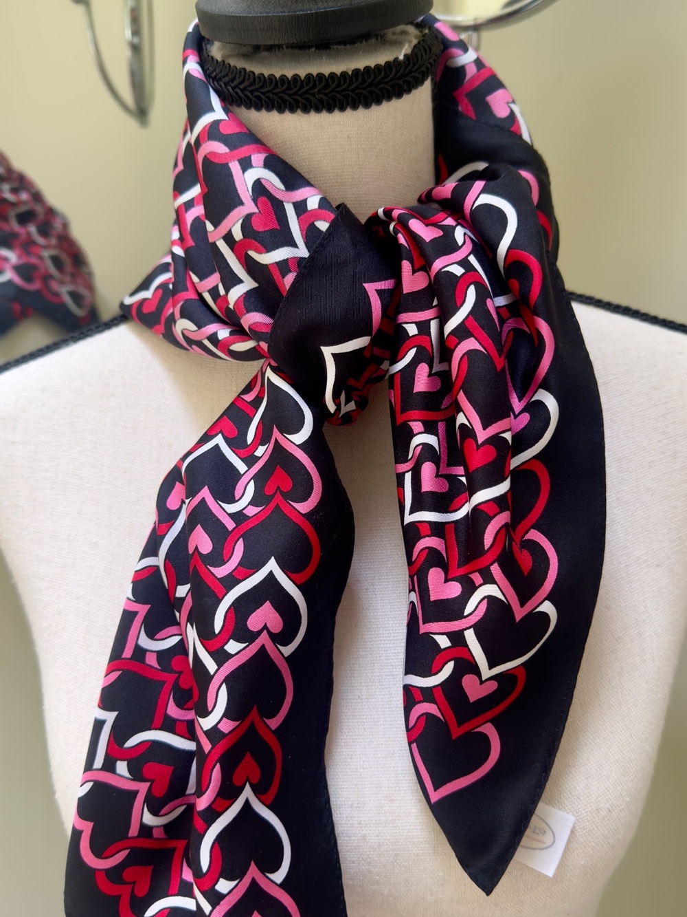 Talbots, 💯 Silk Black and Pink Heart Pattern Scarf, 26” square